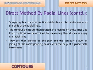 Direct Method By Radial Lines (contd.):
• Temporary bench marks are first established at the centre and near
the ends of t...