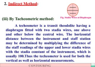 2. Indirect Method:
(iii) By Tacheometric method:
A techeometer is a transit theodolite having a
diaphragm fitted with two stadia wires, one above
and other below the central wire. The horizontal
distance between the instrument and staff station
may be determined by multiplying the difference of
the staff readings of the upper and lower stadia wires
with the stadia constant of the instrument, which is
usually 100.Thus the techeometer is used for both the
vertical as well as horizontal measurements.
Fig. Stadia Wires at Diaphragm
 