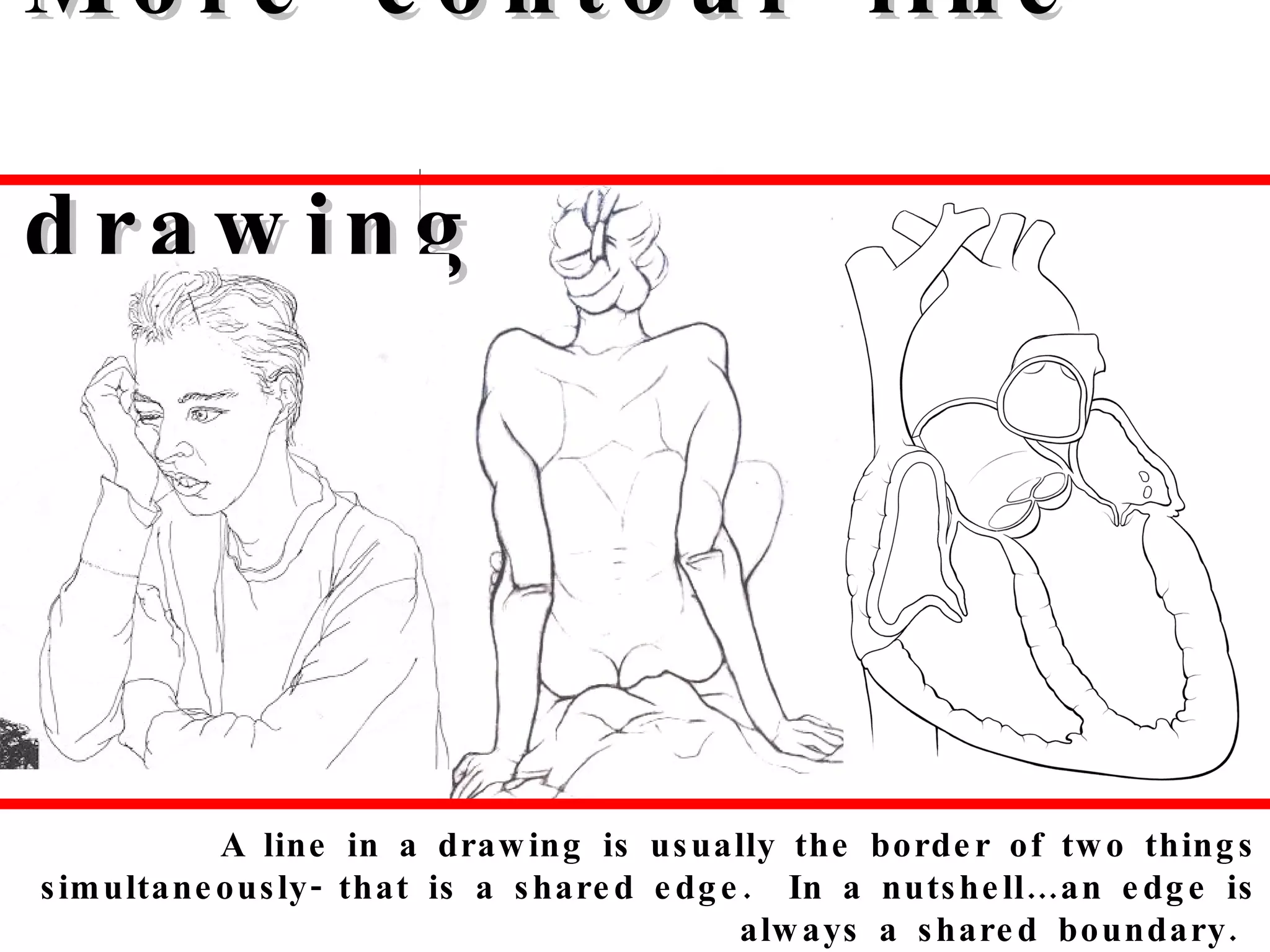 More contour line drawing A line in a drawing is usually the border of two things simultaneously- that is a shared edge.  In a nutshell…an edge is always a shared boundary.  