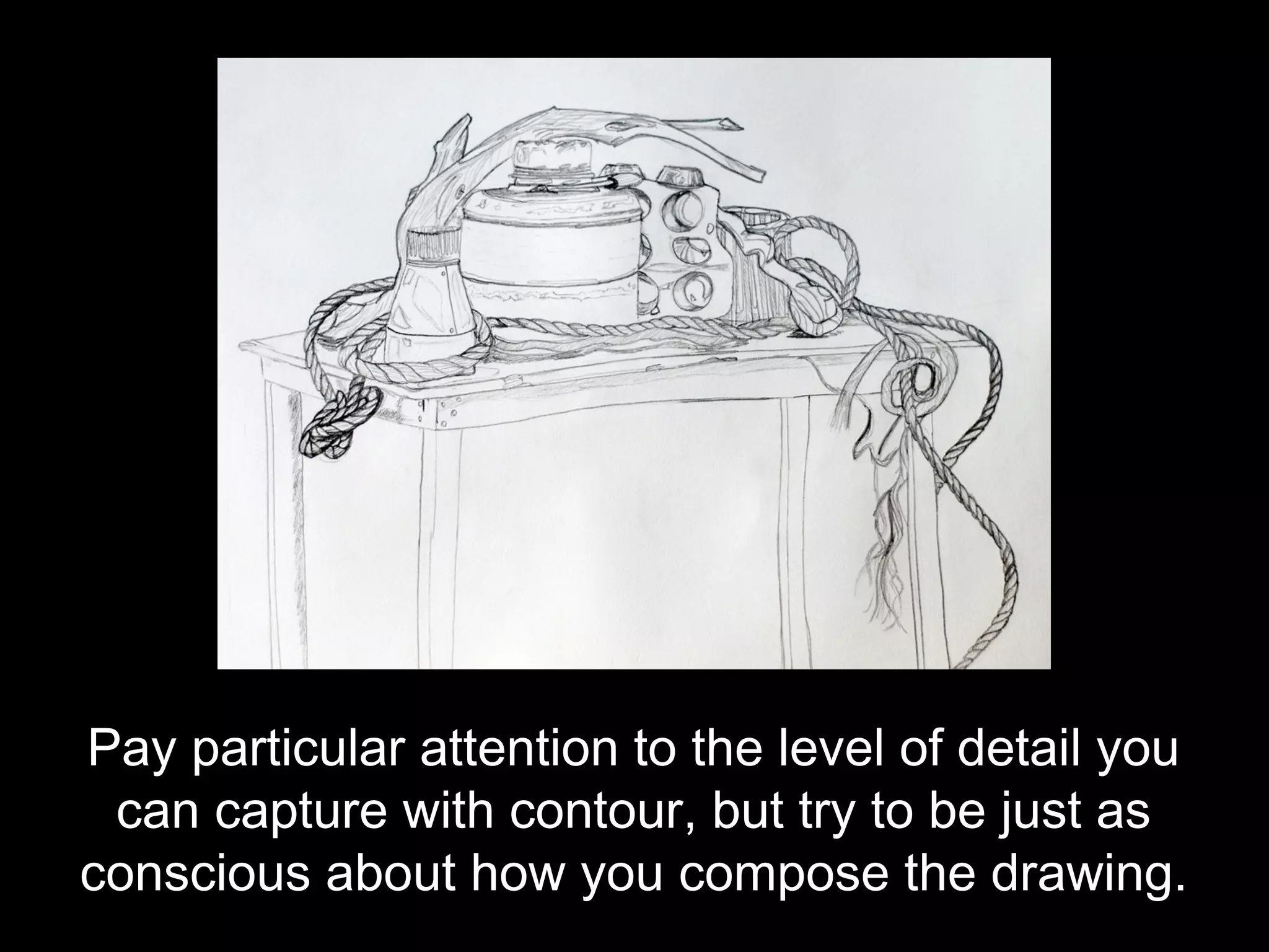 Pay particular attention to the level of detail you
 can capture with contour, but try to be just as
conscious about how you compose the drawing.
 