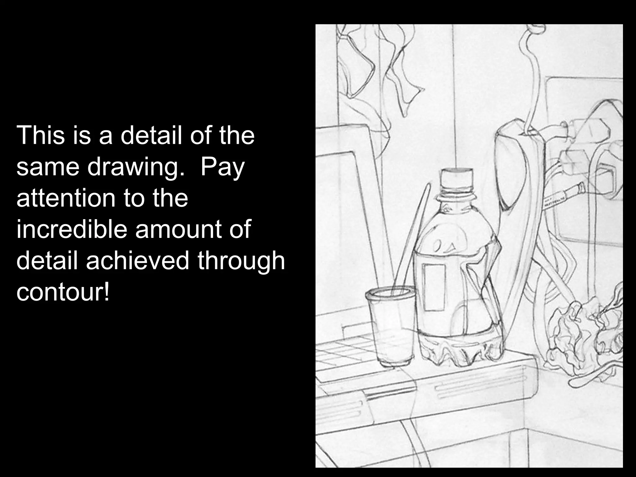 This is a detail of the
same drawing. Pay
attention to the
incredible amount of
detail achieved through
contour!
 