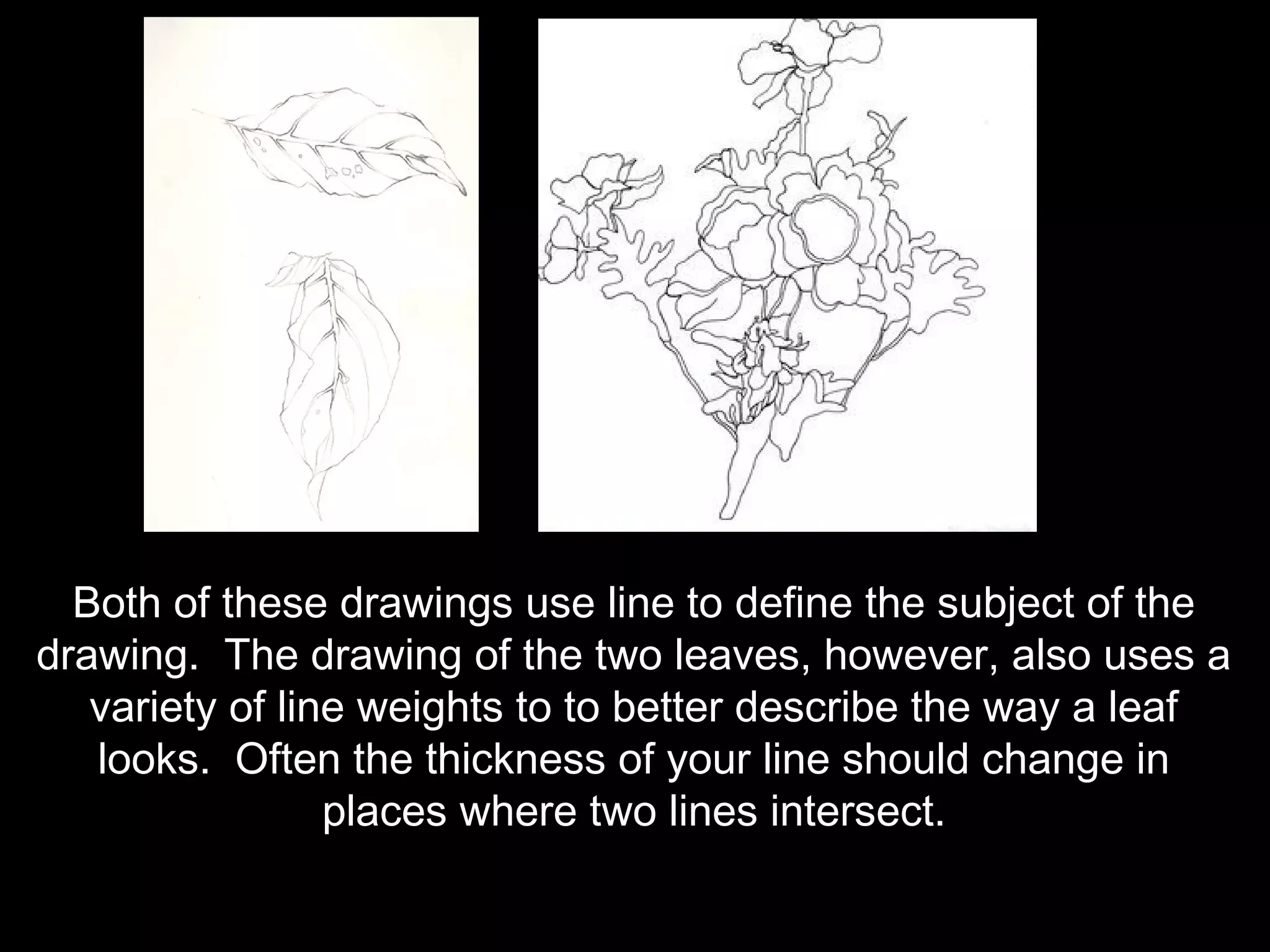 Both of these drawings use line to define the subject of the
drawing. The drawing of the two leaves, however, also uses a
   variety of line weights to to better describe the way a leaf
   looks. Often the thickness of your line should change in
                 places where two lines intersect.
 