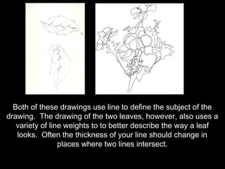 Both of these drawings use line to define the subject of the
drawing. The drawing of the two leaves, however, also uses a
   variety of line weights to to better describe the way a leaf
   looks. Often the thickness of your line should change in
                 places where two lines intersect.
 