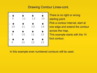 Drawing Contour Lines-cont.
There is no right or wrong
starting point.
Pick a contour interval, start at
one edge and exte...