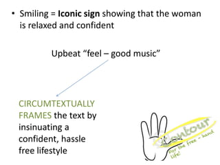 • Smiling = Iconic sign showing that the woman
  is relaxed and confident

         Upbeat “feel – good music”




 CIRCUMTEXTUALLY
 FRAMES the text by
 insinuating a
 confident, hassle
 free lifestyle
 
