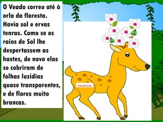 O Veado correu até à
orla da floresta.
Havia sol e ervas
tenras. Como se os
raios de Sol lhe
despertassem as
hastes, de novo elas
se cobriram de
folhas luzidias
quase transparentes,
e de flores muito
brancas.
 