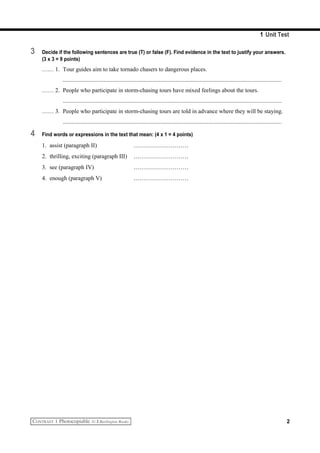 Unit 1 - Test 1 (reading and writing) | DOC | Road Trips | Travel Type