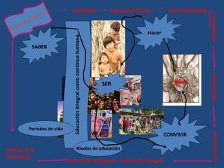 SER CONVIVIR Educación integral como continuo humano Períodos de vida Niveles de educación SABER Hacer Ejes integradores Identidad I nterculturalidad Unidad en la diversidad Desarrollo endógeno.  Desarrollo Integral Educación Propia Complejidad Investigación participación 