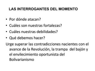 Por dónde atacan? Cuáles son nuestras fortalezas? Cuáles nuestras debilidades? Qué debemos hacer? Urge superar las contradicciones nacientes con el avance de la Revolución, la trampa  del bajón y el envilecimiento oportunista del Bolivarianismo  LAS INTERROGANTES DEL MOMENTO 