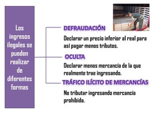Los
ingresos
ilegales se
pueden
realizar
de
diferentes
formas
Declarar un precio inferior al real para
así pagar menos tributos.
Declarar menos mercancía de la que
realmente trae ingresando.
No tributar ingresando mercancía
prohibida.