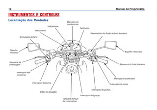 Manual do Proprietário
12
INSTRUMENTOS E CONTROLES
Localização dos Controles
Comutador do farol
Alavanca da
embreagem
Espelho
retrovisor
Velocímetro
Tampa do tanque
de combustível
Interruptor das
sinaleiras
Interruptor da buzina
Indicadores
Reservatório do fluido de freio dianteiro
Interruptor do motor
Espelho retrovisor
Manopla do acelerador
Interruptor de partida
Interruptor de ignição
Alavanca do freio dianteiro
Marcador de
combustível
Tacômetro
Botão do afogador
 