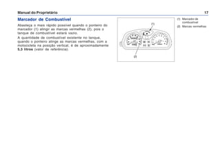 Manual do Proprietário 17
(1) Marcador de
combustível
(2) Marcas vermelhas
Marcador de Combustível
Abasteça o mais rápido possível quando o ponteiro do
marcador (1) atingir as marcas vermelhas (2), pois o
tanque de combustível estará vazio.
A quantidade de combustível existente no tanque,
quando o ponteiro atinge as marcas vermelhas, com a
motocicleta na posição vertical, é de aproximadamente
5,3 litros (valor de referência).
(1)
(2)
 