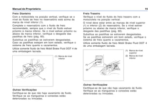 Manual do Proprietário 19
Freio Dianteiro
Com a motocicleta na posição vertical, verifique se o
nível do fluido de freio no reservatório está acima da
marca de nível inferior (1).
Complete o reservatório com o fluido de freio
recomendado, sempre que o nível do fluido estiver
próximo à marca inferior. Se o nível estiver próximo ou
abaixo da marca inferior, verifique o desgaste das
pastilhas de freio (pág. 60).
Substitua as pastilhas se estiverem desgastadas.
Caso as pastilhas estejam em bom estado, verifique o
sistema de freio quanto a vazamentos.
Utilize somente fluido de freio Mobil Brake Fluid DOT 4 de
uma embalagem lacrada.
(1) Marca de nível
inferior
(1)
(1) Marca de nível
superior
(2) Marca de nível
inferior
(2)
(1)
Outras Verificações
Certifique-se de que não haja vazamento de fluido.
Verifique se as mangueiras e conexões estão
deterioradas ou trincadas.
Freio Traseiro
Verifique o nível do fluido do freio traseiro com a
motocicleta na posição vertical.
O nível deve estar entre as marcas de nível superior
(1) e inferior (2) do reservatório. Se o nível estiver
próximo ou abaixo da marca inferior, verifique o
desgaste das pastilhas (pág. 60).
Substitua as pastilhas se estiverem desgastadas.
Se as pastilhas estiverem em bom estado, verifique o
sistema de freio quanto a vazamentos.
Utilize somente fluido de freio Mobil Brake Fluid DOT 4
de uma embalagem lacrada.
Outras Verificações
Certifique-se de que não haja vazamento de fluido.
Verifique se as mangueiras e conexões estão
deterioradas ou trincadas.
 