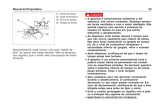 Manual do Proprietário 23
(1) Tampa do tanque
(2) Capa da fechadura
(3) Chave de ignição
(4) Gargalo do tanque
(2)
(1)
(3)
•
•
•
•
• A gasolina é extremamente inflamável e até
explosiva, sob certas condições. Abasteça sempre
em locais ventilados e com o motor desligado. Não
acenda cigarros nem permita a presença de
chamas ou faíscas na área em que estiver
efetuando o abastecimento.
•
•
•
•
• Ao abastecer, evite encher demais o tanque para
que não ocorra vazamento pelo respiro da tampa.
Não deve haver combustível no gargalo do tanque
(4). Se o nível de combustível ultrapassar a
extremidade inferior do gargalo, retire o excesso
imediatamente.
•
•
•
•
• Após abastecer, certifique-se de que a tampa do
tanque esteja bem fechada.
•
•
•
•
• A gasolina é um solvente extremamente forte e
poderá causar danos se permanecer em contato
com as superfícies pintadas. Se derramar gasolina
sobre a superfície externa do tanque ou de outras
peças pintadas, limpe o local atingido
imediatamente.
•
•
•
•
• Seja cuidadoso para não derramar combustível
durante o abastecimento. O combustível
derramado ou seu vapor podem incendiar-se. Em
caso de derramamento, certifique-se de que a área
atingida esteja seca antes de ligar o motor.
•
•
•
•
• Evite o contato prolongado ou repetido com a pele,
ou a inalação dos vapores de combustível.
•
•
•
•
• MANTENHA-O AFASTADO DE CRIANÇAS.
Ocasionalmente pode ocorrer uma leve “batida de
pino” ao operar sob carga elevada. Não se preocupe,
isso significa que o motor está funcionando de forma
eficiente.
! CUIDADO
(4)
 
