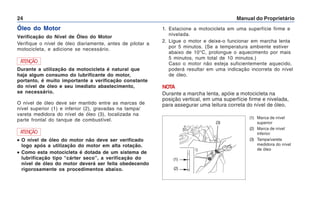 Manual do Proprietário
24
Óleo do Motor
Verificação do Nível de Óleo do Motor
Verifique o nível de óleo diariamente, antes de pilotar a
motocicleta, e adicione se necessário.
ATENÇÃO
Durante a utilização da motocicleta é natural que
haja algum consumo do lubrificante do motor,
portanto, é muito importante a verificação constante
do nível de óleo e seu imediato abastecimento,
se necessário.
O nível de óleo deve ser mantido entre as marcas de
nível superior (1) e inferior (2), gravadas na tampa/
vareta medidora do nível de óleo (3), localizada na
parte frontal do tanque de combustível.
1. Estacione a motocicleta em uma superfície firme e
nivelada.
2. Ligue o motor e deixe-o funcionar em marcha lenta
por 5 minutos. (Se a temperatura ambiente estiver
abaixo de 10°C, prolongue o aquecimento por mais
5 minutos, num total de 10 minutos.)
Caso o motor não esteja suficientemente aquecido,
poderá resultar em uma indicação incorreta do nível
de óleo.
NOTA
Durante a marcha lenta, apóie a motocicleta na
posição vertical, em uma superfície firme e nivelada,
para assegurar uma leitura correta do nível de óleo.
ATENÇÃO
•
•
•
•
• O nível de óleo do motor não deve ser verificado
logo após a utilização do motor em alta rotação.
•
•
•
•
• Como esta motocicleta é dotada de um sistema de
lubrificação tipo “cárter seco”, a verificação do
nível de óleo do motor deverá ser feita obedecendo
rigorosamente os procedimentos abaixo.
(1) Marca de nível
superior
(2) Marca de nível
inferior
(3) Tampa/vareta
medidora do nível
de óleo
(1)
(2)
(3)
 