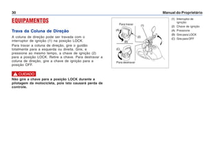 Manual do Proprietário
30
EQUIPAMENTOS
Trava da Coluna de Direção
A coluna de direção pode ser travada com o
interruptor de ignição (1) na posição LOCK.
Para travar a coluna de direção, gire o guidão
totalmente para a esquerda ou direita. Gire, e
pressione ao mesmo tempo, a chave de ignição (2)
para a posição LOCK. Retire a chave. Para destravar a
coluna de direção, gire a chave de ignição para a
posição OFF.
(1) Interruptor de
ignição
(2) Chave de ignição
(A) Pressione
(B) Gire para LOCK
(C) Gire para OFF
Não gire a chave para a posição LOCK durante a
pilotagem da motocicleta, pois isto causará perda de
controle.
! CUIDADO
Para destravar
Para travar (1)
(B)
(A)
(C)
(2)
 