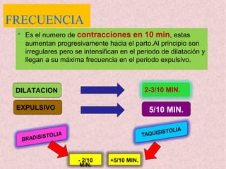 FRECUENCIA
• Es el numero de contracciones en 10 min, estas
aumentan progresivamente hacia el parto.Al principio son
irregulares pero se intensifican en el periodo de dilatación y
llegan a su máxima frecuencia en el periodo expulsivo.
DILATACION
EXPULSIVO 5/10 MIN.
2-3/10 MIN.
- 2/10
MIN.
+5/10 MIN.
 