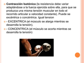  Contracción Isotónica (la resistencia debe variar
adaptándose a la fuerza ejercida sobre ella, para que se
produzca una misma tensión muscular en todo el
recorrido articular a velocidad constante). Puede se
excéntrica o concéntrica. Igual tension
 - EXCENTRICA (el músculo se alarga mientras se
desarrolla la tensión).
 - CONCENTRICA (el músculo se acorta mientras se
desarrolla la tensión)
 