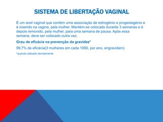 SISTEMA DE LIBERTAÇÃO VAGINAL
É um anel vaginal que contém uma associação de estrogénio e progestagénio e
é inserido na vagina, pela mulher. Mantém-se colocado durante 3 semanas e é
depois removido, pela mulher, para uma semana de pausa. Após essa
semana, deve ser colocado outra vez.
Grau de eficácia na prevenção da gravidez*
99,7% de eficácia(3 mulheres em cada 1000, por ano, engravidam)
*quando utilizado devidamente
 
