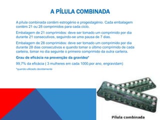 A PÍLULA COMBINADA
A pílula combinada contém estrogénio e progestagénio. Cada embalagem
contém 21 ou 28 comprimidos para cada ciclo.
Embalagem de 21 comprimidos: deve ser tomado um comprimido por dia
durante 21 consecutivos, seguindo-se uma pausa de 7 dias.
Embalagem de 28 comprimidos: deve ser tomado um comprimido por dia
durante 28 dias consecutivos e quando tomar o último comprimido de cada
carteira, tomar no dia seguinte o primeiro comprimido da outra carteira.
Grau de eficácia na prevenção da gravidez*
99,7% da eficácia ( 3 mulheres em cada 1000,por ano, engravidam)
*quando utilizado devidamente
 