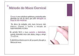 +
Método do Muco Cervical

    O muco é uma substância gelatinosa, produzida pelas
    glândulas do colo do útero, que sofre alterações ao
    longo do ciclo menstrual.
     Na altura da ovulação, este muco torna-se mais
    elástico (filante) e facilita a entrada de
    espermatozóides no útero.
    No período fértil o muco aumenta a elasticidade,
     quando distendido entre dois dedos, chega a atingir
     15 a 20 cm.
    A abstinência deverá ocorrer até ao quarto dia após a
    filância do muco.
 
