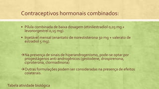Contraceptivos hormonais combinados:
 Pílula combinada de baixa dosagem (etinilestradiol 0,03 mg +
levonorgestrel 0,15 mg).
 Injetável mensal (enantato de norestisterona 50 mg + valerato de
estradiol 5 mg).
Na presença de sinais de hiperandrogenismo, pode-se optar por
progestágenos anti-androgênicos (gestodene, drospirenona,
ciproterona, clormadinona)
Outras formulações podem ser consideradas na presença de efeitos
colaterais.
Tabela atividade biológica
 