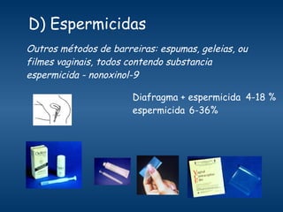 D) Espermicidas   Diafragma + espermicida 4-18 % espermicida 6-36% Outros métodos de barreiras: espumas, geleias, ou filmes vaginais, todos contendo substancia espermicida - nonoxinol-9 