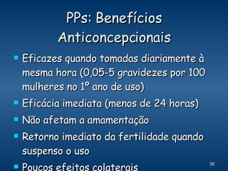 PPs: Benefícios Anticoncepcionais Eficazes quando tomadas diariamente à mesma hora (0,05-5 gravidezes por 100 mulheres no 1º ano de uso) Eficácia imediata (menos de 24 horas) Não afetam a amamentação Retorno imediato da fertilidade quando suspenso o uso Poucos efeitos colaterais 