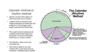Calendar method or
rhythm method
• Women monitor their pattern of
menstrual cycle over 6 months,
• Subtract 18 from shortest cycle
length (estimated 1st fertile day) and
subtracts 11 from longest cycle
length (estimated last fertile day)
• The couple prevents pregnancy by
avoiding unprotected vaginal sex
during the 1st and last estimated
fertile days, or using a condom.
• 91% effective with correct and
consistent use.
• May need to delay or use with
caution when using drugs (such as
anxiolytics, antidepressants, NSAIDS,
 