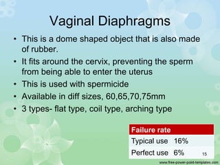Vaginal Diaphragms
• This is a dome shaped object that is also made
of rubber.
• It fits around the cervix, preventing the...