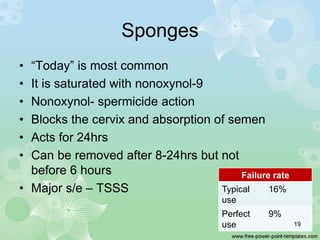 Sponges
• “Today” is most common
• It is saturated with nonoxynol-9
• Nonoxynol- spermicide action
• Blocks the cervix and...