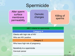 Spermicide
20
Alter sperm
surface
membrane
permeability
Osmotic
changes
Killing of
sperms
Category 4
Clients with high ris...