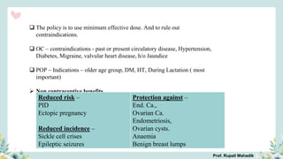  The policy is to use minimum effective dose. And to rule out
contraindications.
 OC – contraindications - past or present circulatory disease, Hypertension,
Diabetes, Migraine, valvular heart disease, h/o Jaundice
 POP – Indications – older age group, DM, HT, During Lactation ( most
important)
 Non contraceptive benefits
Reduced risk –
PID
Ectopic pregnancy
Reduced incidence –
Sickle cell crises
Epileptic seizures
Protection against –
End. Ca.,
Ovarian Ca.
Endometriosis,
Ovarian cysts.
Anaemia
Benign breast lumps
Prof. Rupali Mahadik
 