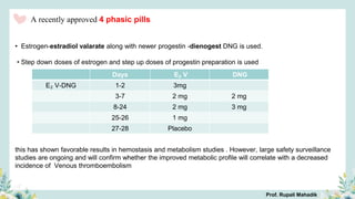 A recently approved 4 phasic pills
• Estrogen-estradiol valarate along with newer progestin -dienogest DNG is used.
• Step down doses of estrogen and step up doses of progestin preparation is used
this has shown favorable results in hemostasis and metabolism studies . However, large safety surveillance
studies are ongoing and will confirm whether the improved metabolic profile will correlate with a decreased
incidence of Venous thromboembolism
Days E₂ V DNG
E₂ V-DNG 1-2 3mg
3-7 2 mg 2 mg
8-24 2 mg 3 mg
25-26 1 mg
27-28 Placebo
Prof. Rupali Mahadik
 