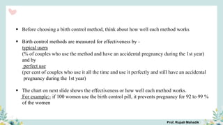  Before choosing a birth control method, think about how well each method works
 Birth control methods are measured for effectiveness by -
typical users
(% of couples who use the method and have an accidental pregnancy during the 1st year)
and by
perfect use
(per cent of couples who use it all the time and use it perfectly and still have an accidental
pregnancy during the 1st year)
 The chart on next slide shows the effectiveness or how well each method works.
For example:- if 100 women use the birth control pill, it prevents pregnancy for 92 to 99 %
of the women
Prof. Rupali Mahadik
 