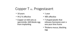 Copper T vs.. Progestasert
• 10 years
• 99.2 % effective
• Copper on IUD acts as
spermicide, IUD blocks egg
from implanting
• 1 year
• 98% effective
• T shaped plastic that
releases hormones over a
one year time frame
• Thickens mucus, blocking
egg
 