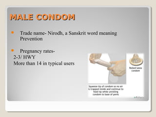 MALE CONDOMMALE CONDOM
 Trade name- Nirodh, a Sanskrit word meaning
Prevention
 Pregnancy rates-
2-3/ HWY
More than 14 in typical users
 