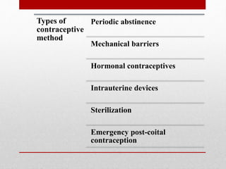 Types of
contraceptive
method
Periodic abstinence
Mechanical barriers
Hormonal contraceptives
Intrauterine devices
Sterilization
Emergency post-coital
contraception
 