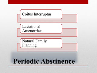 Periodic Abstinence
Coitus Interruptus
Lactational
Amenorrhea
Natural Family
Planning
 