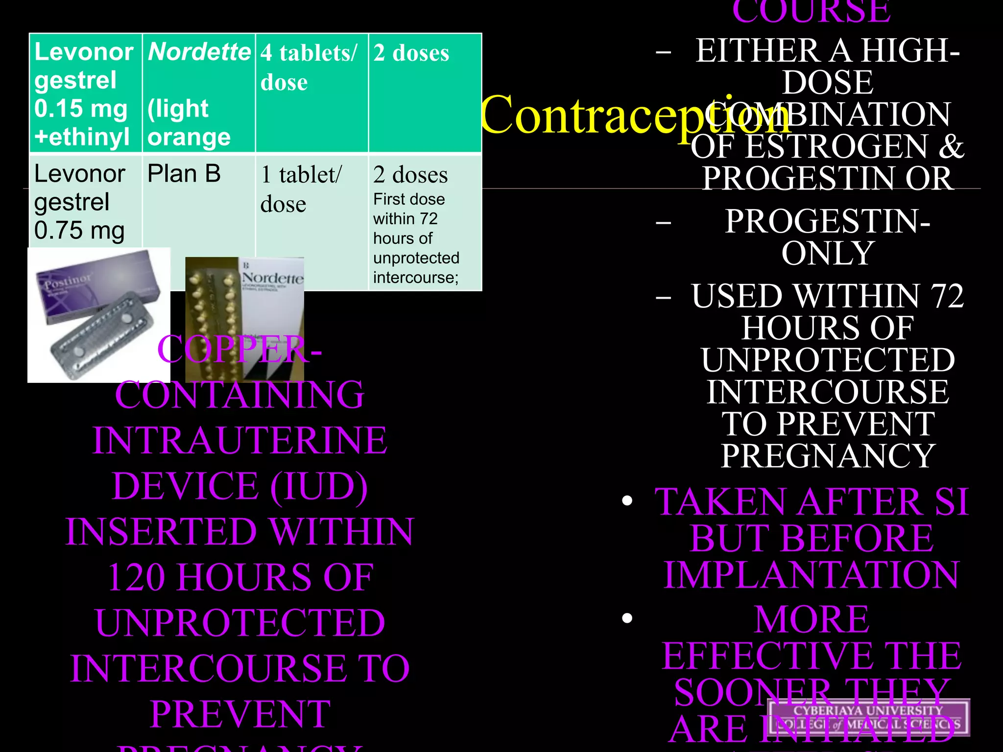 Emergency Contraception
Levonor
gestrel
0.15 mg
+ethinyl
estradio
Nordette
(light
orange
tablets)
4 tablets/
dose
2 doses
Levonor
gestrel
0.75 mg
Plan B 1 tablet/
dose
2 doses
First dose
within 72
hours of
unprotected
intercourse;
second dose
• COPPER-
CONTAINING
INTRAUTERINE
DEVICE (IUD)
INSERTED WITHIN
120 HOURS OF
UNPROTECTED
INTERCOURSE TO
PREVENT
COURSE
– EITHER A HIGH-
DOSE
COMBINATION
OF ESTROGEN &
PROGESTIN OR
– PROGESTIN-
ONLY
– USED WITHIN 72
HOURS OF
UNPROTECTED
INTERCOURSE
TO PREVENT
PREGNANCY
• TAKEN AFTER SI
BUT BEFORE
IMPLANTATION
• MORE
EFFECTIVE THE
SOONER THEY
ARE INITIATED
 