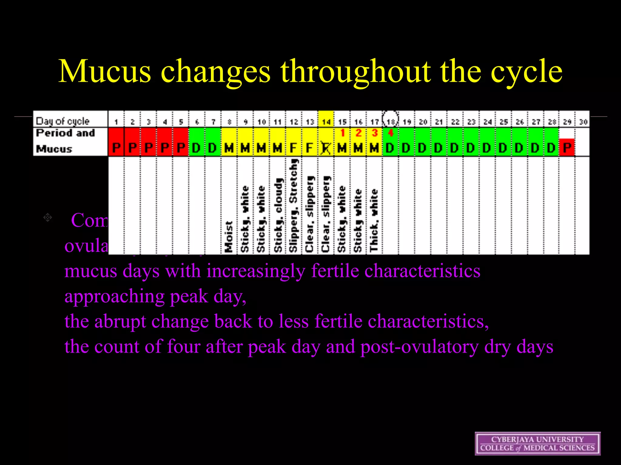 Wednesday 15 October
2003
46
Mucus changes throughout the cycle
Complete cycle showing typical pattern of menstruation, pre-
ovulatory dry days,  
mucus days with increasingly fertile characteristics
approaching peak day,  
the abrupt change back to less fertile characteristics,  
the count of four after peak day and post-ovulatory dry days
 