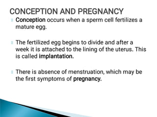 Conception occurs when a sperm cell fertilizes a
mature egg.
The fertilized egg begins to divide and after a
week it is attached to the lining of the uterus. This
is called implantation.
There is absence of menstruation, which may be
the ﬁrst symptoms of pregnancy.
CONCEPTION AND PREGNANCY
CONCEPTION AND PREGNANCY
 