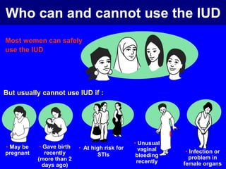 Who can and cannot use the IUD 
Most women can safely 
use the IUD 
But usually cannot use IUD if : 
• May be 
pregnant 
• Gave birth 
recently 
(more than 2 
days ago) 
• Unusual 
vaginal 
bleeding 
recently 
• At high risk for 
STIs 
• Infection or 
problem in 
female organs 
 