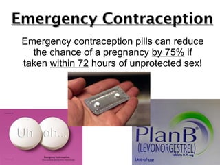 Emergency contraception pills can reduce the chance of a pregnancy  by 75%  if taken  within 72  hours of unprotected sex! Emergency Contraception 