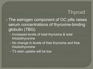 The estrogen component of OC pills raises
serum concentrations of thyroxine-binding
globulin (TBG)
• Increased levels of total thyroxine & total
triiodothyronine
• No change in levels of free thyroxine and free
triiodothyronine
• T3 resin uptake will be low
 