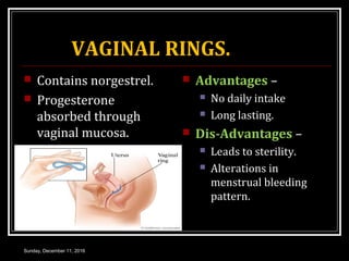 VAGINAL RINGS.
 Contains norgestrel.
 Progesterone
absorbed through
vaginal mucosa.
 Advantages –
 No daily intake
 Long lasting.
 Dis-Advantages –
 Leads to sterility.
 Alterations in
menstrual bleeding
pattern.
Sunday, December 11, 2016
 