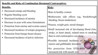Benefits and Risks of Combination Hormonal Contraceptives
Benefits
• Decreased cramps and bleeding
• Regular bleeding cycle
• Decreased incidence of anemia
• Decrease in acne with some formulations
• Protection from uterine and ovarian cancer
• Decreased incidence of ectopic pregnancy
• Protection from benign breast disease
• Decreased incidence of pelvic infection
Risks
•Rare in healthy women
•Bothersome side effects (eg, breakthrough
bleeding, breast tenderness)
•Nausea, weight gain, mood changes
•Small increased risk of developing blood clots,
stroke, or heart attack, related more to smoking
than to oral contraceptive use alone
•Possible increased incidence of benign liver
tumors and gallbladder disorders
•No protection from STDs/STIs (possible
increased risk with unsafe sex)
 
