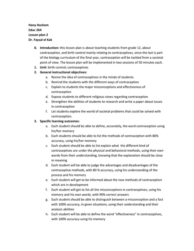 Contraceptives Lesson Plan | DOCX | Birth Control | Reproductive Health