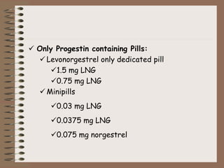  Only Progestin containing Pills:
 Levonorgestrel only dedicated pill
1.5 mg LNG
0.75 mg LNG
 Minipills
0.03 mg LNG
0.0375 mg LNG
0.075 mg norgestrel
 