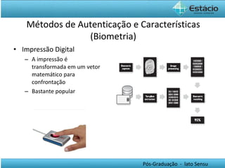 Impressão Digital A impressão é transformada em um vetor matemático para confrontação Bastante popular Métodos de Autenticação e Características (Biometria) 